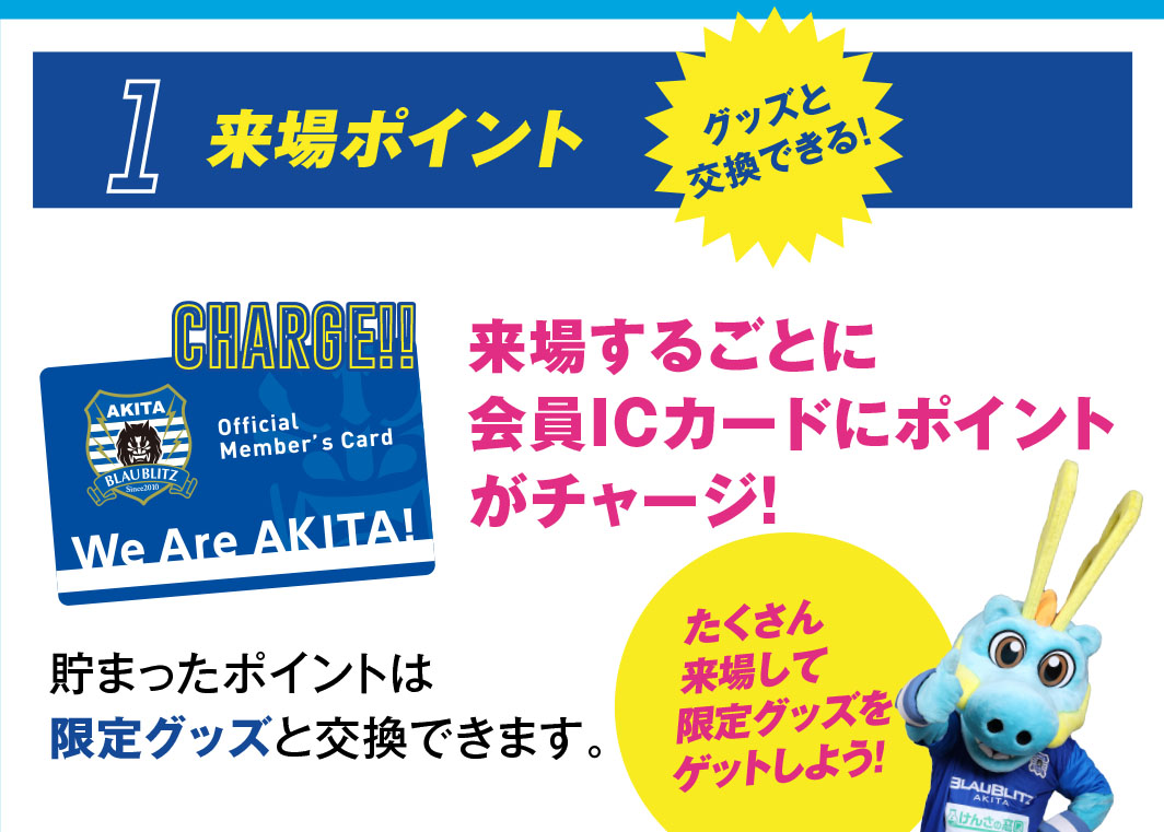 
                            交換できる！来場ポイント 来場するごとに会員ICカードにポイントがチャージ！貯まったポイントは限定グッズと交換できます。